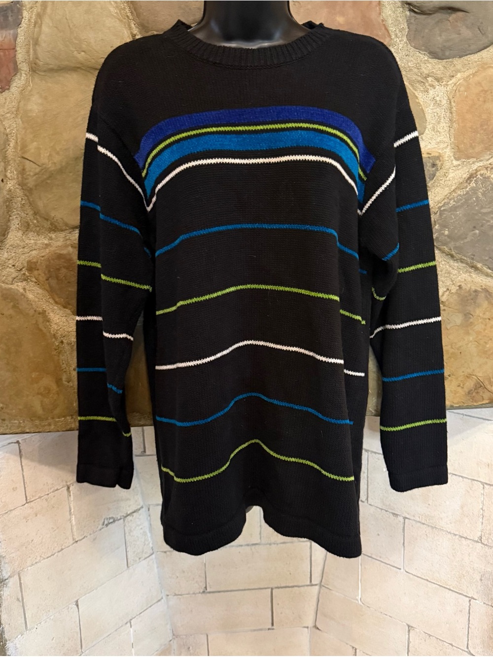 VTG Cotton Ramie Black Crewneck Sweater with Blue, Green and White Stripes